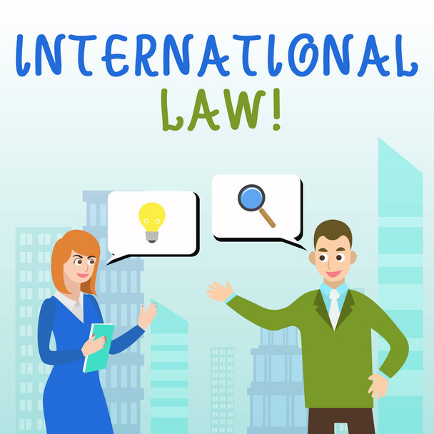 Handwriting text writing International Law. Concept meaning system of treaties and agreements between nations Business Partners Colleagues Jointly Seeking Problem Solution Generate Idea. - Photo, Image