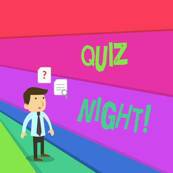 Text sign showing Quiz Night. Conceptual photo evening test knowledge competition between individuals Young Male Businessman Office Worker Standing Searching Problem Solution. - Photo, Image