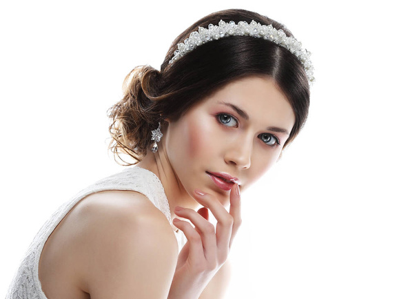 adorable young bride with gorgeous diadem in her hair - Фото, изображение