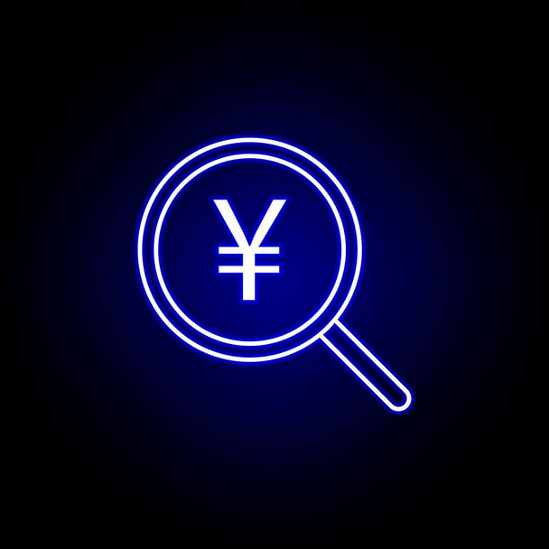 Zoek Vergrootglas Yuan-pictogram in neon stijl. Element van financiële illustratie. Pictogram tekenen en symbolen kan worden gebruikt voor web, logo, mobiele app, ui, UX - Vector, afbeelding