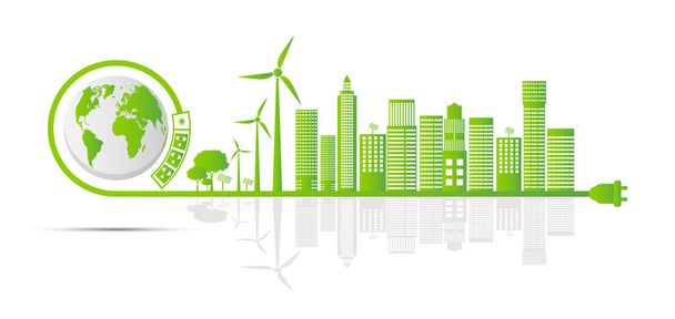 Ekologia i koncepcja środowiskowa, Earth symbol z zielonych liści wokół miast pomóc światu z eko-friendly pomysły, wektor ilustracji - Wektor, obraz