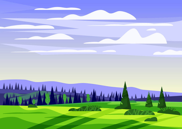 Прекрасний сільський літній пейзаж, сільський фермерський будинок долини, зелені пагорби, яскраво-кольорове блакитне небо, луки з панорамним горизонтом гір у модному мультиплікаційному рівному стилі та яскраві кольори. Векторні
 - Вектор, зображення