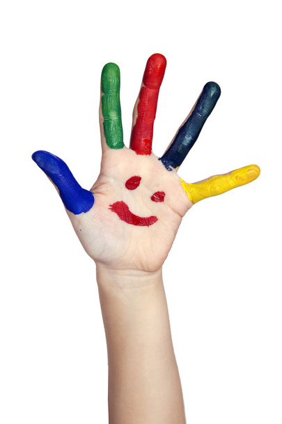 Children's smiling colorful hands raised up. The concept of clas - Fotografie, Obrázek