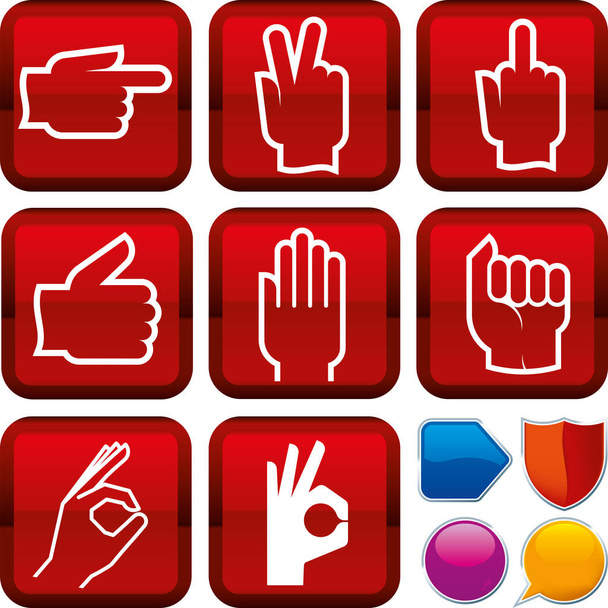 Conjunto de iconos de mano de gesto en botones cuadrados. Estilo geométrico
. - Vector, Imagen