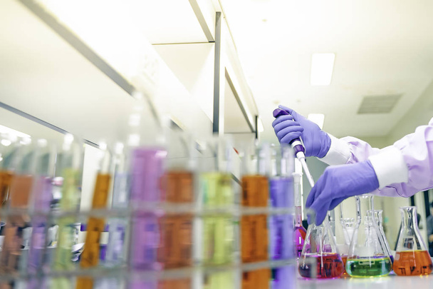 manos del científico poner en los guantes de goma púrpura, experimentando con botellas de vidrio que contienen varios productos químicos en el concepto de investigación y desarrollo en el efecto de enfoque de la ciencia laboratory.shallow
. - Foto, Imagen