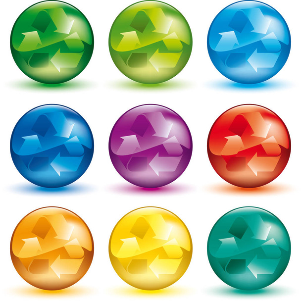 Recycle symbol in the interior of nine color spheres. - Vektor, obrázek