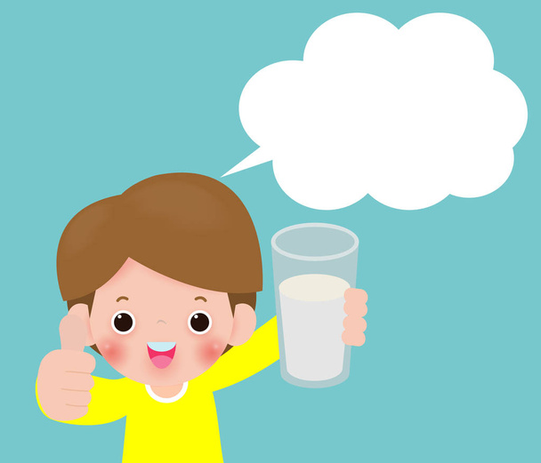 Lindo chico sosteniendo un vaso de leche con burbujas en el habla, Pulgares arriba. Conceptos saludables Ilustración vectorial Fondo aislado
.  - Vector, imagen
