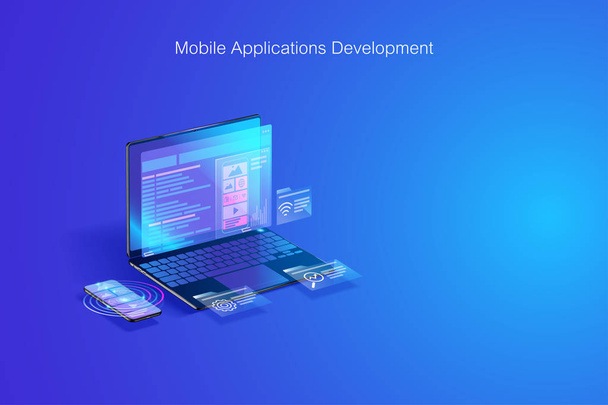 Web開発、ソフトウェアコーディング、ラップトップとスマートフォンのコンセプト上のプログラム開発 - ベクター画像