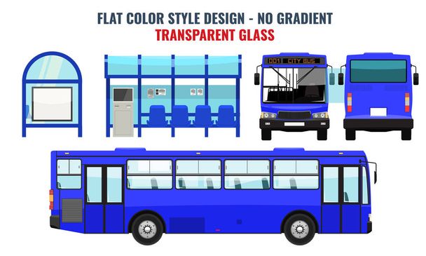 Ônibus da cidade e parada de ônibus, frente lateral e vista traseira. Ilustração vetorial de estilo de cor plana. Cor azul
 - Vetor, Imagem