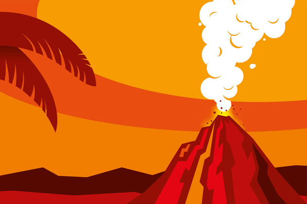 Vulcan landscape in red tones with palm tree and mountains. - Vector, Image