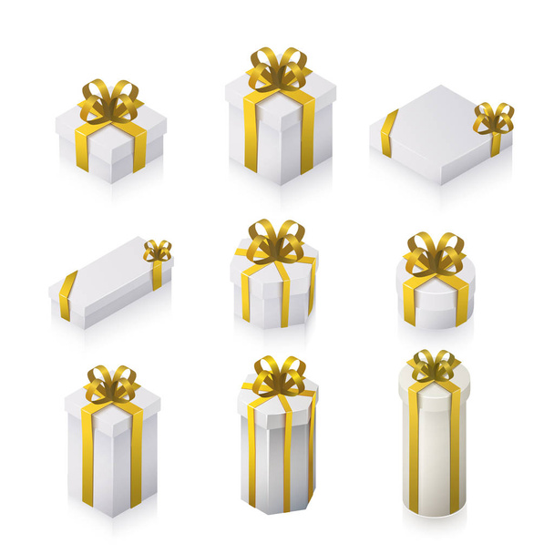 Set isométrico de cajas de regalo blancas con lazo de oro y cintas. Col.
 - Vector, Imagen