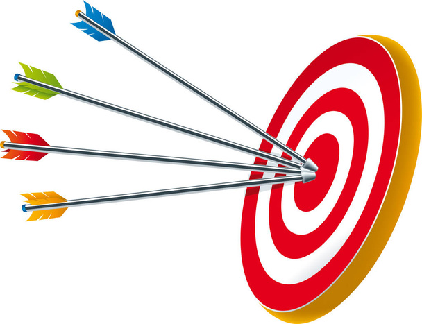 Success metaphor. Accurate bright arrows on bullseye. - Vector, Image