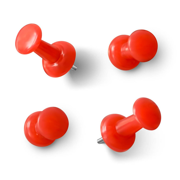 Rode push pin 3D. Realistische rode paperclip met schaduw. Vector illustratie geïsoleerd op witte achtergrond - Vector, afbeelding