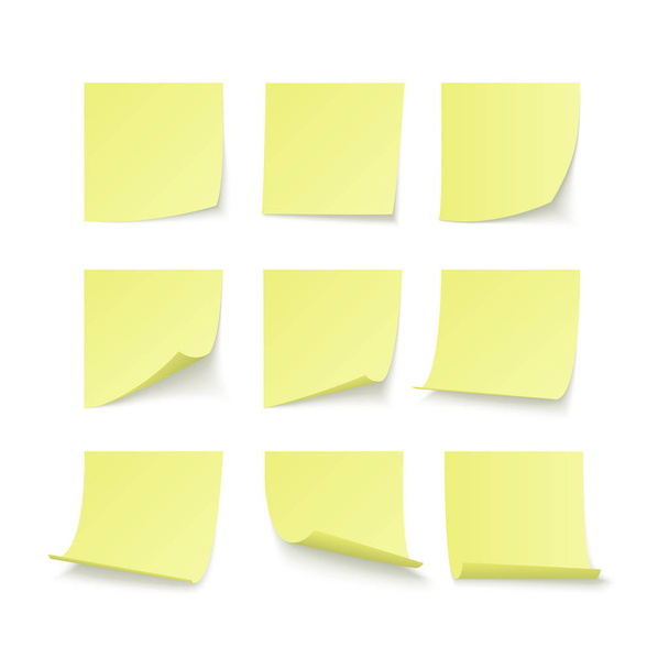 Set van gele geplakt stickers met ruimte voor tekst of bericht. Vector illustratie geïsoleerd op witte achtergrond - Vector, afbeelding