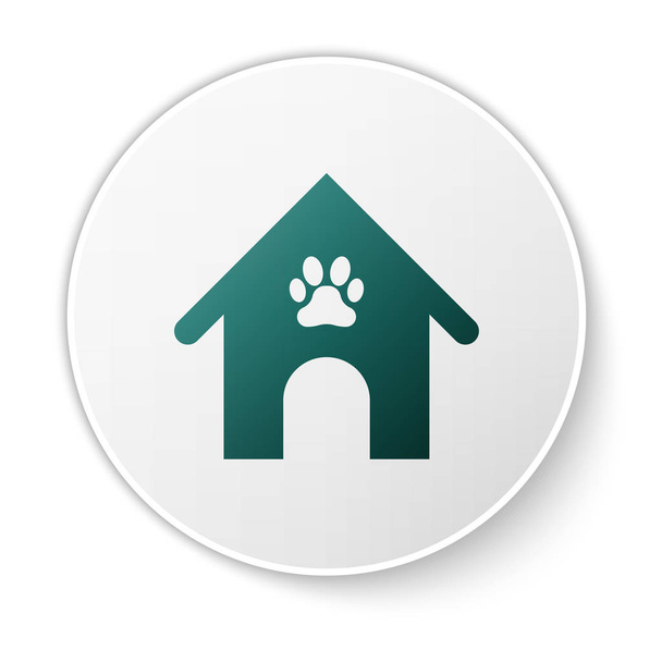 Зелена собака будинку і лапи друк ПЕТ значок ізольований на білому фоні. Собачий розплідник. Кнопка "білий круг". Векторна ілюстрація - Вектор, зображення