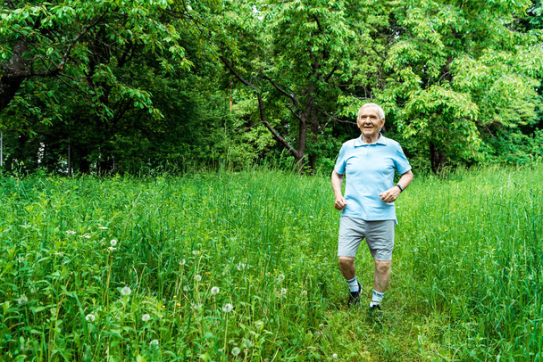 happy senior man with grey hair running in green park  - Фото, зображення