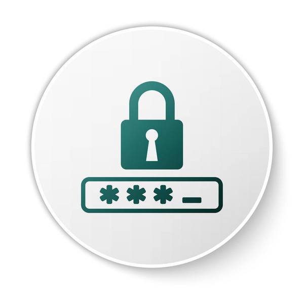 Groen wachtwoord bescherming en veiligheid toegang icoon geïsoleerd op witte achtergrond. Vergrendelingspictogram. Beveiliging, veiligheid, bescherming, privacy concept. Witte cirkel knop. Vector illustratie - Vector, afbeelding