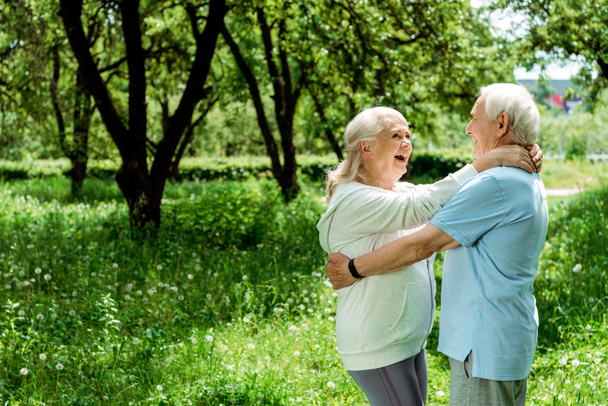 ευτυχισμένος συνταξιούχος άνθρωπος αγκαλιάζει την ανώτερη γυναίκα στο πράσινο πάρκο  - Φωτογραφία, εικόνα