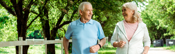 plano panorámico de mujer jubilada alegre corriendo cerca de marido mayor en parque
  - Foto, Imagen