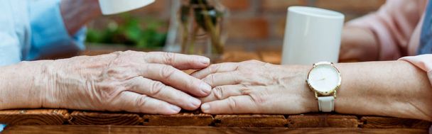 panoramic shot of senior man touching hand of retired woman  - 写真・画像
