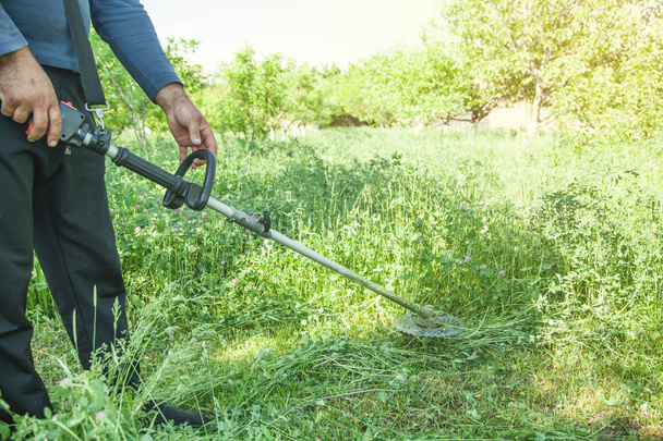 Worker cutting grass with a grass trimmer. - Фото, зображення
