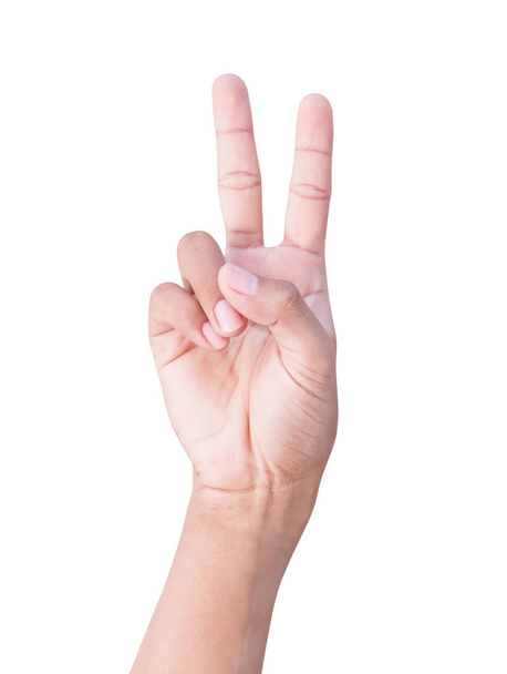 白い背景に表示される手のナンバー2のシンボル - 写真・画像