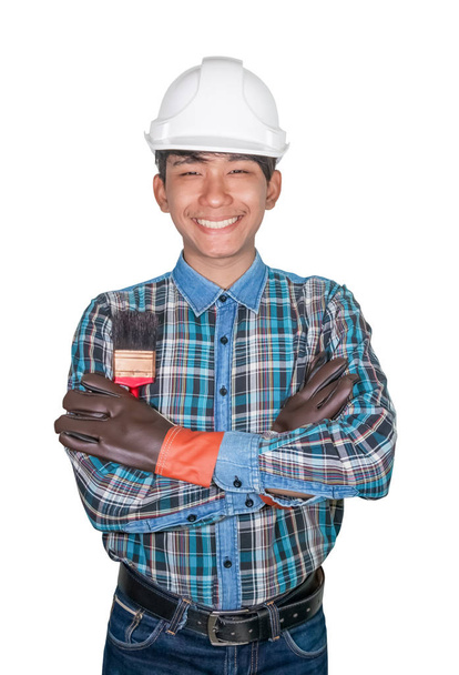kézkereszt a mérnök gazdaság festékszóró fehér alapon - Fotó, kép