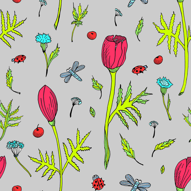 Absztrakt, varratmentes virágos mintázat Tulipánokkal, levelek és gyógynövények - Fotó, kép
