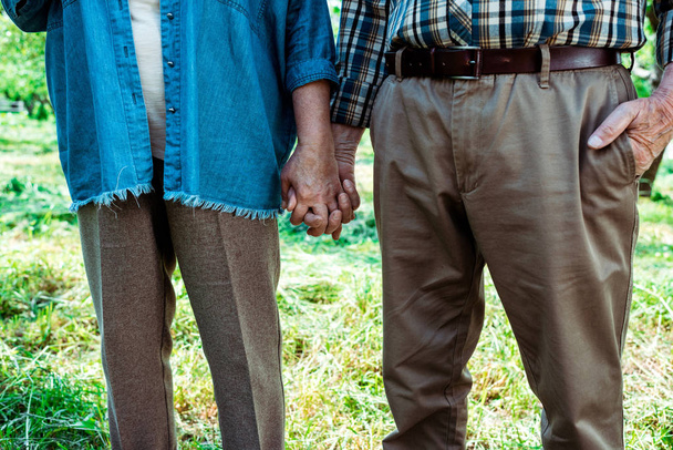 περικομμένη θέα της συνταξιούχου γυναίκα που κρατά τα χέρια με τον σύζυγο να στέκεται με το χέρι στην τσέπη  - Φωτογραφία, εικόνα