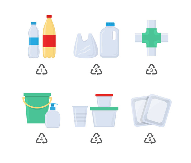 Πλαστικά κώδικες στην ανακύκλωση επαναχρησιμοποίηση μειώνουν την έννοια με το μπουκάλι και άλλο υλικό πλαστικό - Διάνυσμα, εικόνα