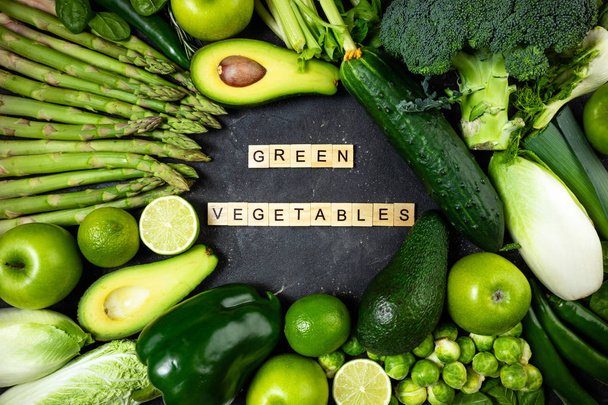 Green vegetables and fruits. Healthy food vegetables and fruits, dieting concept - 写真・画像