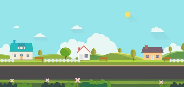 Beautiful nature landscape with houses, bench and fences background.Home with Green Hills and blue sky.Public park with nature and street.Vector illustration.Rural scene with home on street - Vector, Image