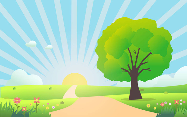 Beautiful nature scene in morning.Vector illustration.Meadow with green grass , tree ,flowers ,sun shiny and clouds.Nature landscape with path way and sun rise.Cartoon nature scene design - Vector, Image