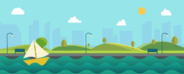 Beautiful nature landscape with river, sail boat and cityscape background .Green Hills with blue sky.Public park with nature and lake.Vector illustration
 - Вектор,изображение