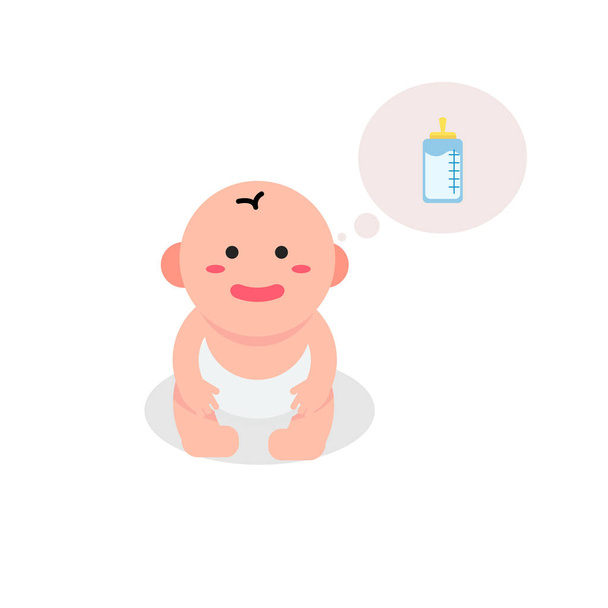 Baby cartoon hongerige melk vector. Leuke peuter met bubbel en melk. - Vector, afbeelding