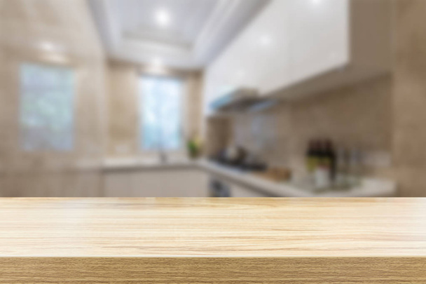 empty wooden table top and blur interior background  - Foto, imagen