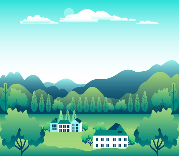 Hills landscape in flat style design. Valley background. Beautiful green fields, meadow, mountains and blue sky. Rural location in the hill, forest, trees, cartoon vector - Vetor, Imagem