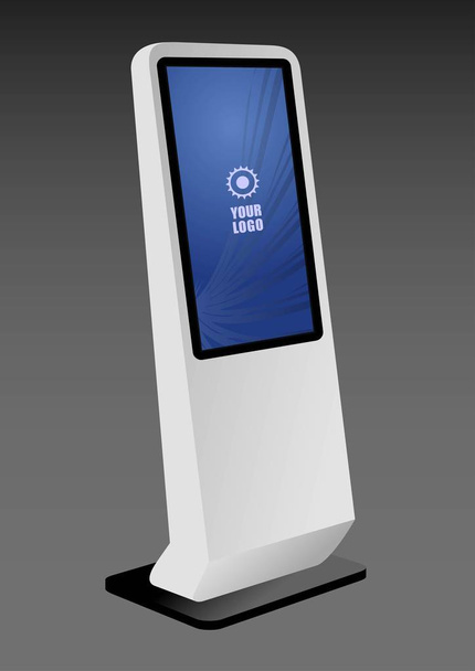 Esposizione interattiva promozionale bianca del touch screen del supporto terminale del chiosco delle informazioni. Modello finto - Vettoriali, immagini