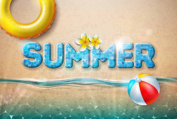Vector Summer Illustration with Beach Ball and Float on Sandy Ocean Background. Summer Vacation Holiday Design for Banner, Flyer, Invitation, Brochure, Poster or Greeting Card. - Vetor, Imagem