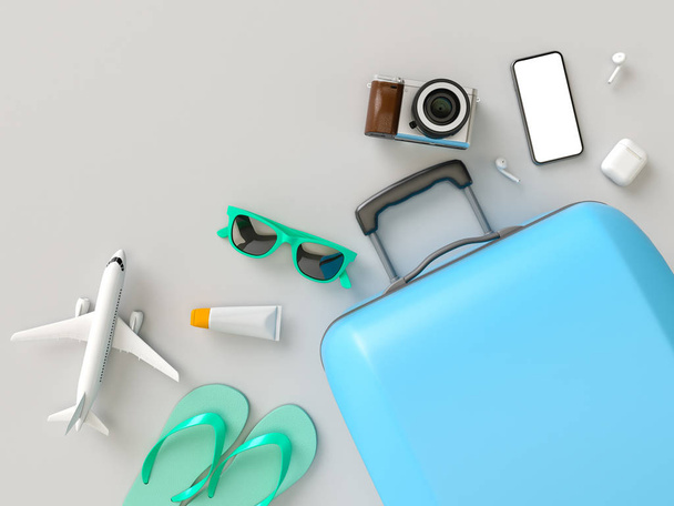 Suitcase with sun glasses, slippers, hat, suntan cream, phone and camera on gray minimal style background. Travel concept. 3D model render visualization illustration - Valokuva, kuva