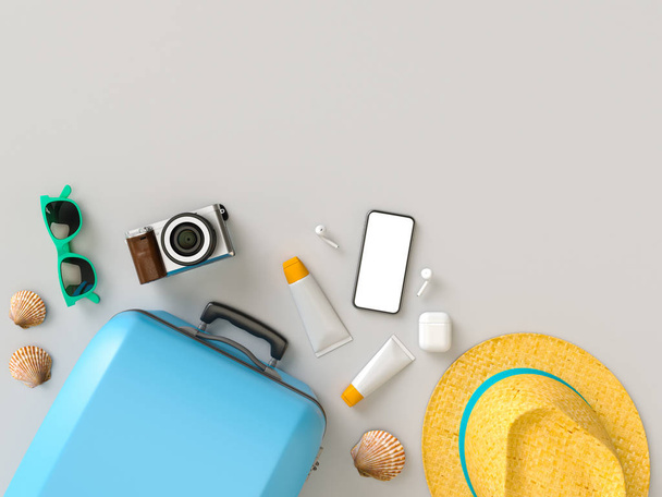 Suitcase with sun glasses, slippers, hat, suntan cream, phone and camera on gray minimal style background. Travel concept. 3D model render visualization illustration - Photo, image
