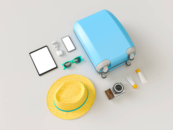 Suitcase with sun glasses, slippers, hat, suntan cream, phone and camera on gray minimal style background. Travel concept. 3D model render visualization illustration - Fotó, kép