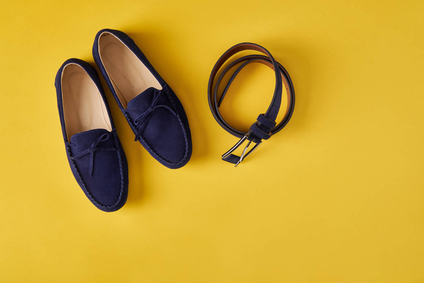 Dark blue suede man's moccasins shoes isolated on white - Zdjęcie, obraz