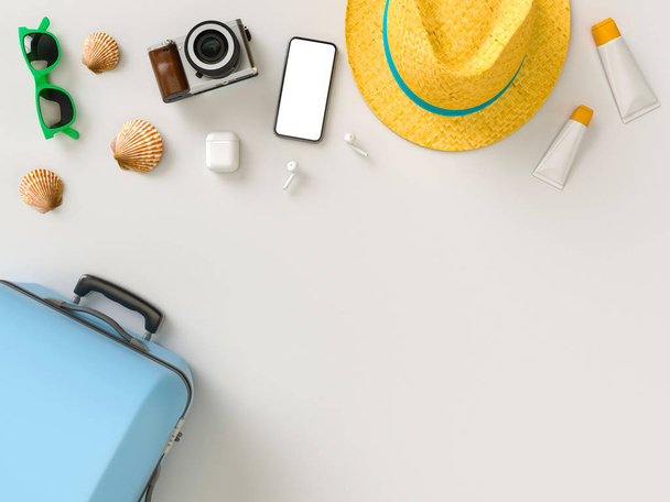 Suitcase with sun glasses, slippers, hat, suntan cream, phone and camera on gray minimal style background. Travel concept. 3D model render visualization illustration - Foto, afbeelding