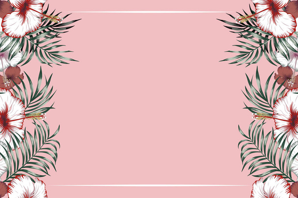 Horisontal trópusi keret hibiszkusz virágok és egzotikus levelek a rózsaszín háttér - Vektor, kép