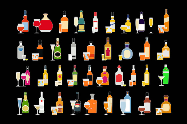 Set of alcohol drinks in glasses isolated on black background vector illustration. Holiday celebration. - Vector, Imagen