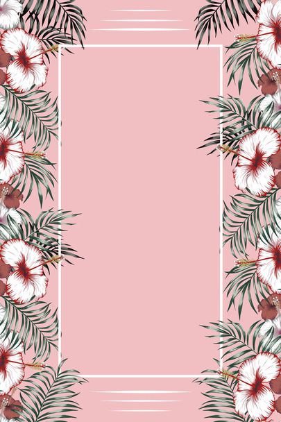 Vertical tropical frame hibiscus flowers and exotic leaves on the pink background. Trendy invitation - ベクター画像