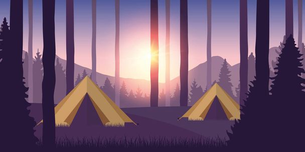太陽の光と森の美しい紫色の風景の荒野でキャンプの冒険 - ベクター画像