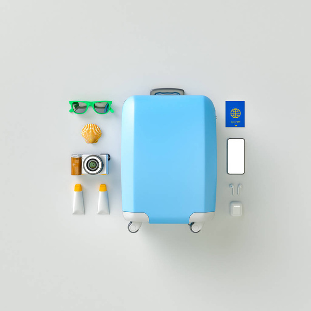 Flatlay with blue suitcase with sun glasses, slippers, hat, suntan cream, phone and camera on gray minimal style background. Travel concept. 3D model render visualization illustration - Fotoğraf, Görsel