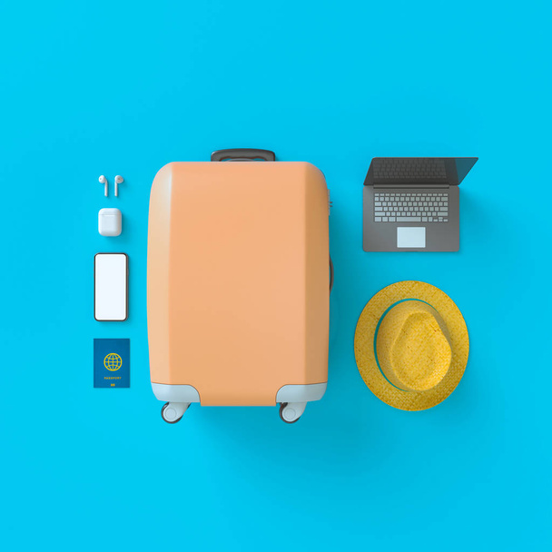 Flatlay with hat with sun glasses, toy plane, slippers, hat, suntan cream, phone and camera on blue minimal style background. Travel concept. 3D model render visualization illustration - 写真・画像